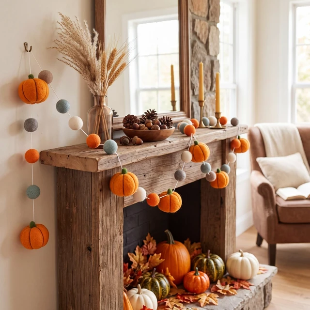 Alt view image 3 of 7 - 2 Pcs Fall Felt Pumpkin Garland Autumn Hanging Decor for Home Mantel | Felt Colorful Pom Poms Ball Banner Orange for Indoor Mantle Wall Decor, Boho Reusable Seasonal Display for Classroom Bedroom