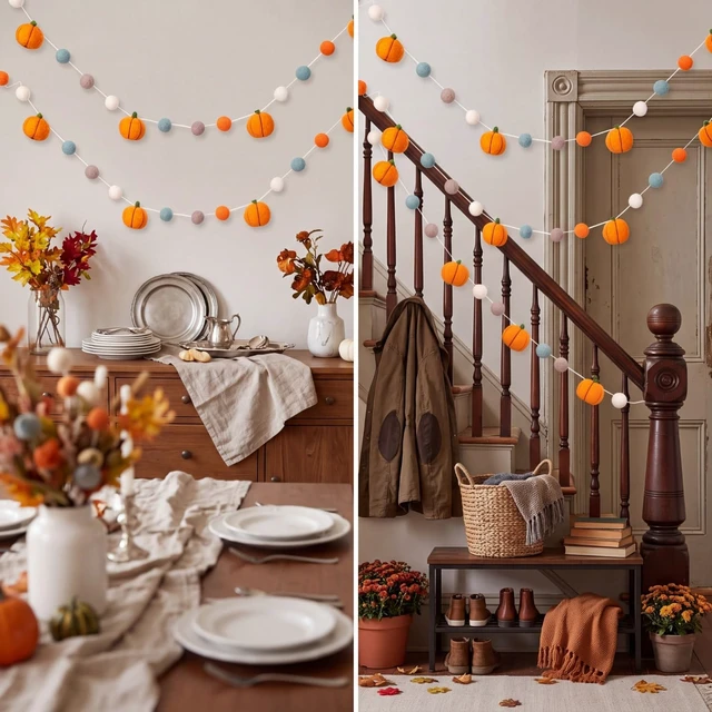 Alt view image 5 of 7 - 2 Pcs Fall Felt Pumpkin Garland Autumn Hanging Decor for Home Mantel | Felt Colorful Pom Poms Ball Banner Orange for Indoor Mantle Wall Decor, Boho Reusable Seasonal Display for Classroom Bedroom