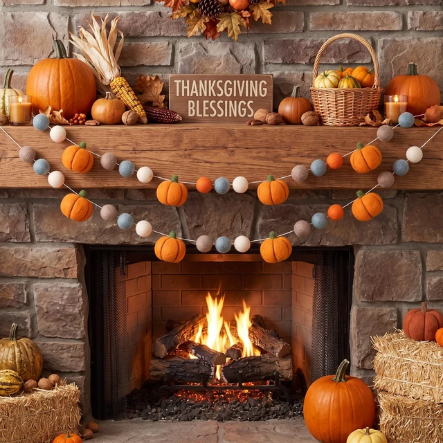 Alt view image 4 of 7 - 2 Pcs Fall Felt Pumpkin Garland Autumn Hanging Decor for Home Mantel | Felt Colorful Pom Poms Ball Banner Orange for Indoor Mantle Wall Decor, Boho Reusable Seasonal Display for Classroom Bedroom