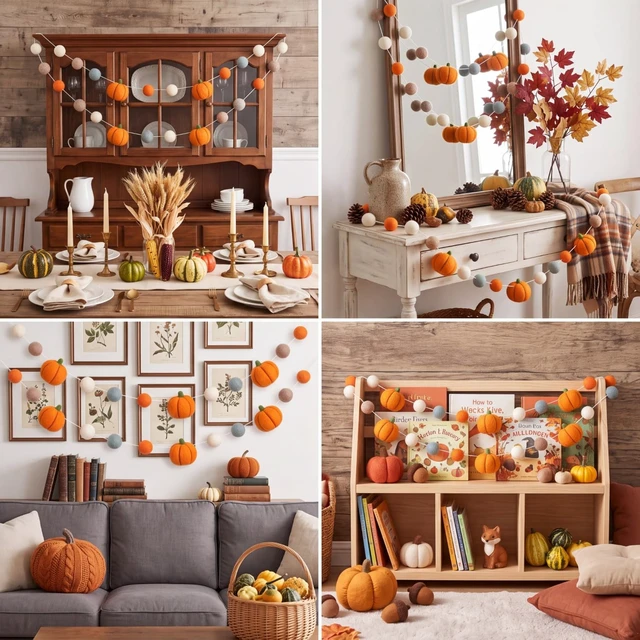 Alt view image 6 of 7 - 2 Pcs Fall Felt Pumpkin Garland Autumn Hanging Decor for Home Mantel | Felt Colorful Pom Poms Ball Banner Orange for Indoor Mantle Wall Decor, Boho Reusable Seasonal Display for Classroom Bedroom