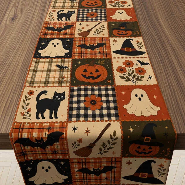 Main image of Halloween Party Decorations - Rustic Farmhouse Patchwork Table Runner | Halloween Party Favors - Cute Pumpkin Ghost Bat Witch Hat Printed Table Decor Backdrop Decorations for Home Kitchen Dining