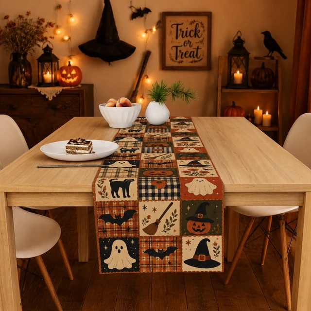 Alt view image 2 of 7 - Halloween Party Decorations - Rustic Farmhouse Patchwork Table Runner | Halloween Party Favors - Cute Pumpkin Ghost Bat Witch Hat Printed Table Decor Backdrop Decorations for Home Kitchen Dining