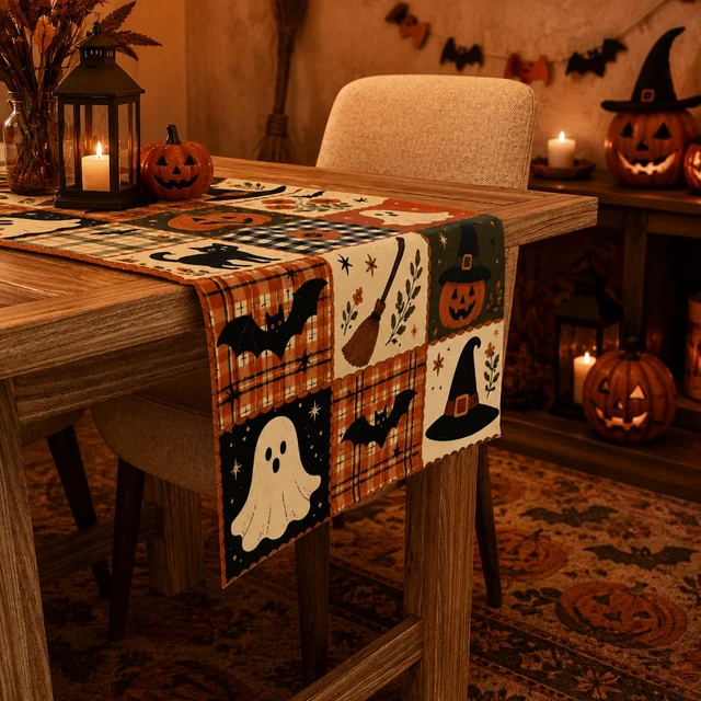 Alt view image 4 of 7 - Halloween Party Decorations - Rustic Farmhouse Patchwork Table Runner | Halloween Party Favors - Cute Pumpkin Ghost Bat Witch Hat Printed Table Decor Backdrop Decorations for Home Kitchen Dining