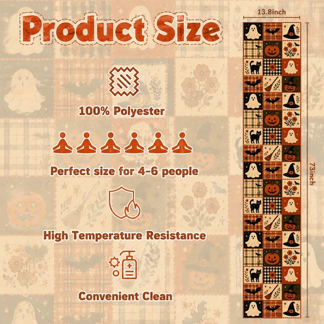 Alt view image 3 of 7 - Halloween Party Decorations - Rustic Farmhouse Patchwork Table Runner | Halloween Party Favors - Cute Pumpkin Ghost Bat Witch Hat Printed Table Decor Backdrop Decorations for Home Kitchen Dining