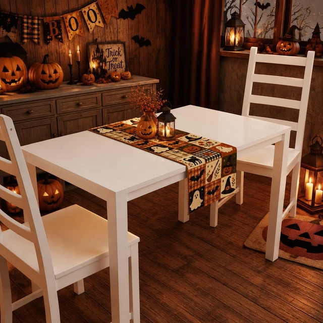 Alt view image 7 of 7 - Halloween Party Decorations - Rustic Farmhouse Patchwork Table Runner | Halloween Party Favors - Cute Pumpkin Ghost Bat Witch Hat Printed Table Decor Backdrop Decorations for Home Kitchen Dining