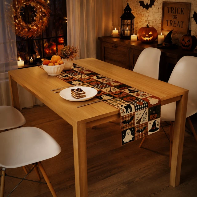Alt view image 5 of 7 - Halloween Party Decorations - Rustic Farmhouse Patchwork Table Runner | Halloween Party Favors - Cute Pumpkin Ghost Bat Witch Hat Printed Table Decor Backdrop Decorations for Home Kitchen Dining