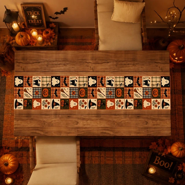 Alt view image 6 of 7 - Halloween Party Decorations - Rustic Farmhouse Patchwork Table Runner | Halloween Party Favors - Cute Pumpkin Ghost Bat Witch Hat Printed Table Decor Backdrop Decorations for Home Kitchen Dining