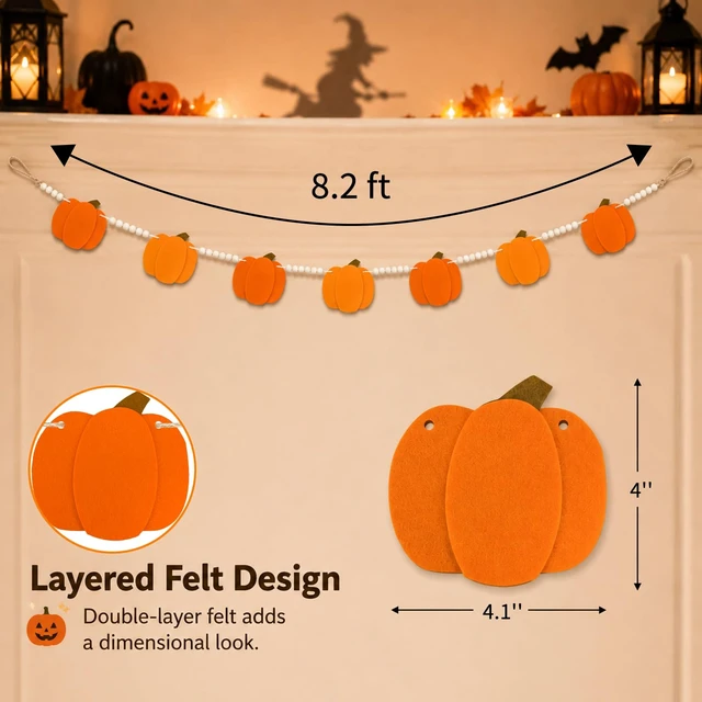 Alt view image 2 of 7 - Halloween Pumpkin Garland Felt Pumpkin Wood Bead Garland | Halloween Pumpkin Beaded Garland Pre-Assembled Felt Pumpkin Beads garland for Mantle Wall Halloweens Banner Party Decor