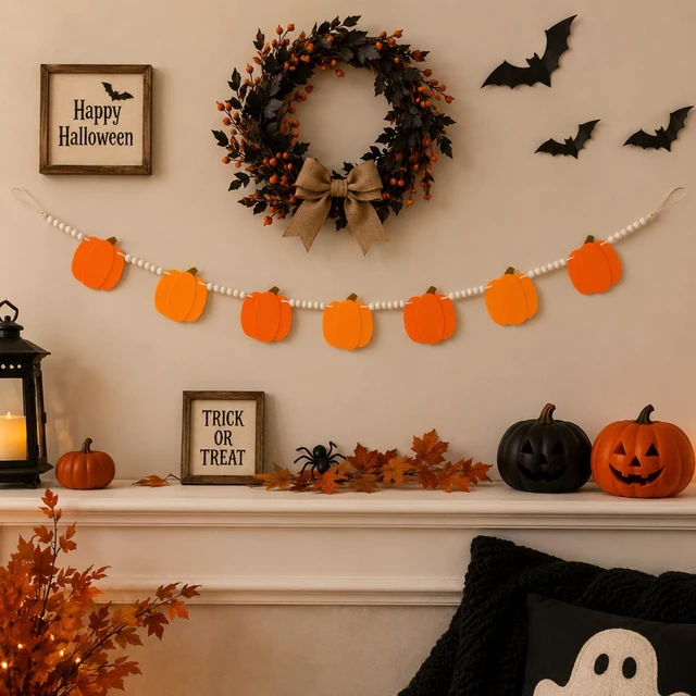 Alt view image 4 of 7 - Halloween Pumpkin Garland Felt Pumpkin Wood Bead Garland | Halloween Pumpkin Beaded Garland Pre-Assembled Felt Pumpkin Beads garland for Mantle Wall Halloweens Banner Party Decor