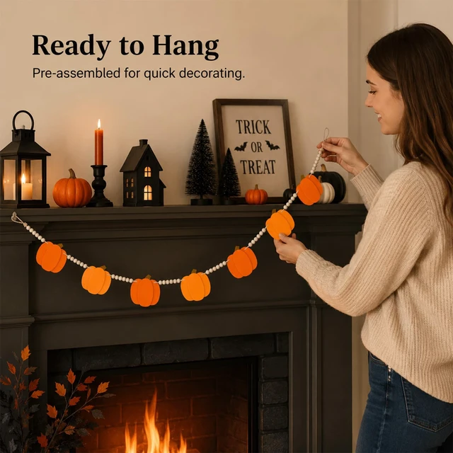 Alt view image 3 of 7 - Halloween Pumpkin Garland Felt Pumpkin Wood Bead Garland | Halloween Pumpkin Beaded Garland Pre-Assembled Felt Pumpkin Beads garland for Mantle Wall Halloweens Banner Party Decor