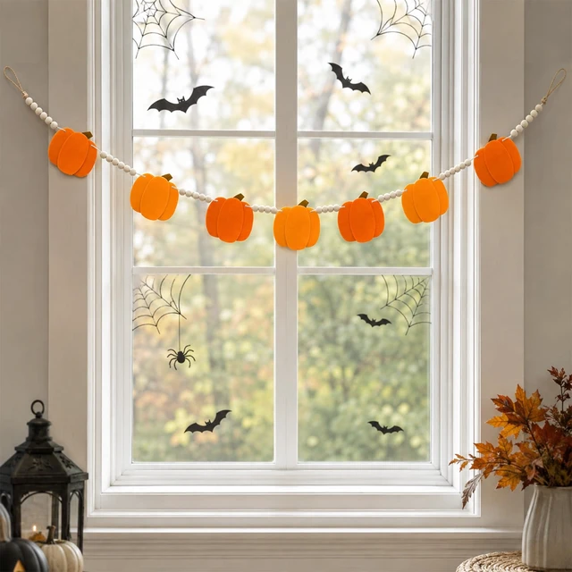 Alt view image 5 of 7 - Halloween Pumpkin Garland Felt Pumpkin Wood Bead Garland | Halloween Pumpkin Beaded Garland Pre-Assembled Felt Pumpkin Beads garland for Mantle Wall Halloweens Banner Party Decor