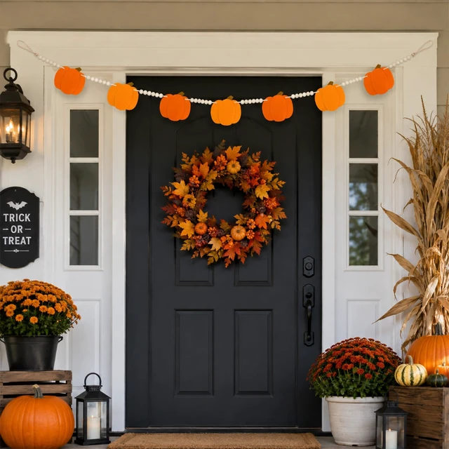 Alt view image 6 of 7 - Halloween Pumpkin Garland Felt Pumpkin Wood Bead Garland | Halloween Pumpkin Beaded Garland Pre-Assembled Felt Pumpkin Beads garland for Mantle Wall Halloweens Banner Party Decor