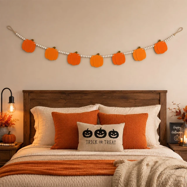Alt view image 7 of 7 - Halloween Pumpkin Garland Felt Pumpkin Wood Bead Garland | Halloween Pumpkin Beaded Garland Pre-Assembled Felt Pumpkin Beads garland for Mantle Wall Halloweens Banner Party Decor