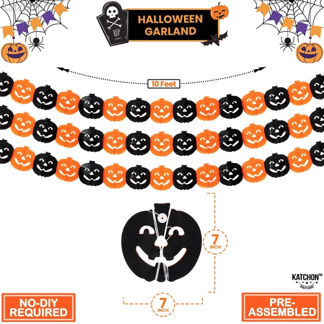 Alt view image 2 of 7 - Long Pumpkin Halloween Garland 10 Feet | 3 Strings, No DIY, Black and Orange Pumpkin Garland for Halloween Party Decorations