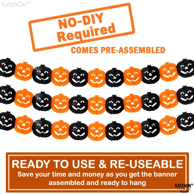 Alt view image 4 of 7 - Long Pumpkin Halloween Garland 10 Feet | 3 Strings, No DIY, Black and Orange Pumpkin Garland for Halloween Party Decorations