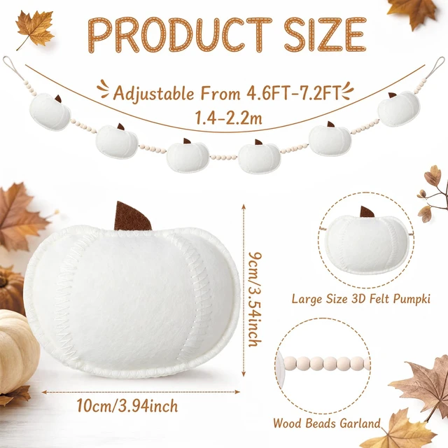 Alt view image 2 of 7 - Felt White Pumpkin Garland with Wood Beads Fall Mantel Decorations | Adjustable Hanging Fireplace Garland, 3D Felt Pumpkin Banner, Autumn Thanksgiving Decor for Shelf Wall, Halloween Farmhouse