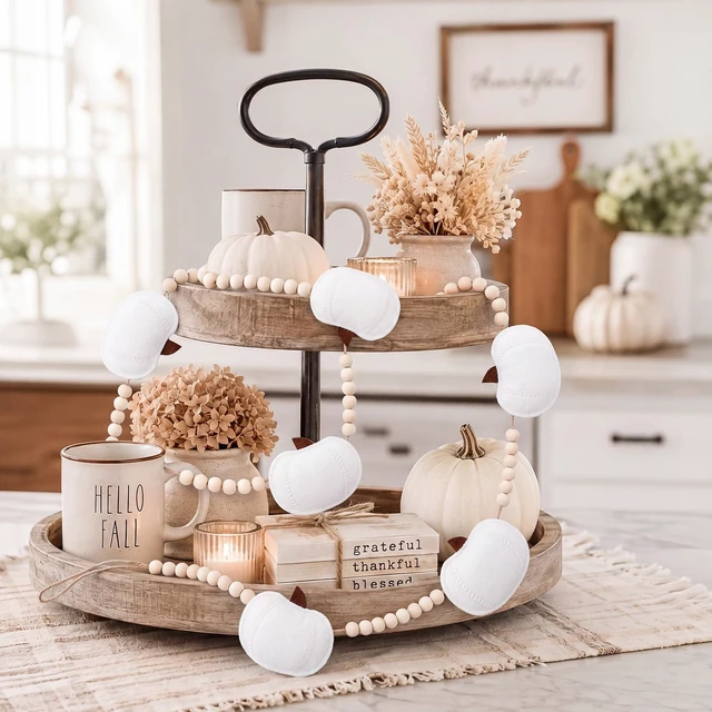 Alt view image 3 of 7 - Felt White Pumpkin Garland with Wood Beads Fall Mantel Decorations | Adjustable Hanging Fireplace Garland, 3D Felt Pumpkin Banner, Autumn Thanksgiving Decor for Shelf Wall, Halloween Farmhouse