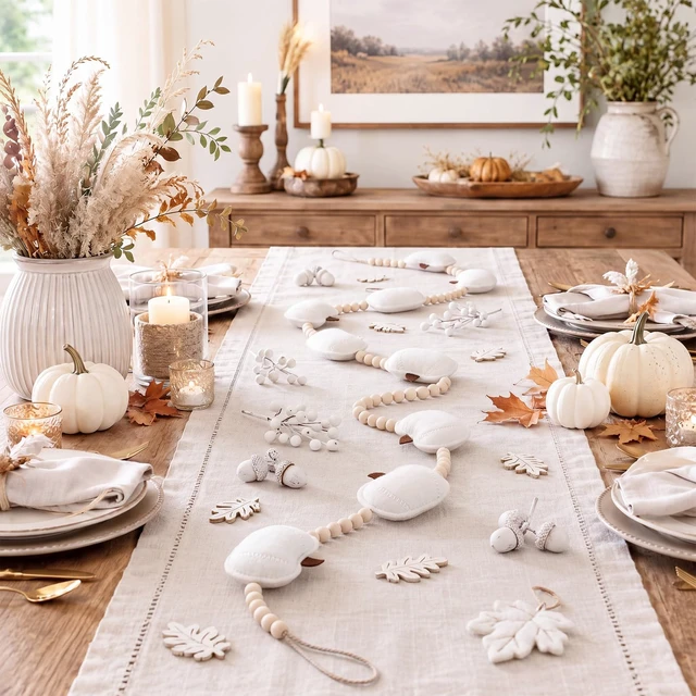 Alt view image 4 of 7 - Felt White Pumpkin Garland with Wood Beads Fall Mantel Decorations | Adjustable Hanging Fireplace Garland, 3D Felt Pumpkin Banner, Autumn Thanksgiving Decor for Shelf Wall, Halloween Farmhouse
