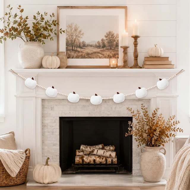 Alt view image 5 of 7 - Felt White Pumpkin Garland with Wood Beads Fall Mantel Decorations | Adjustable Hanging Fireplace Garland, 3D Felt Pumpkin Banner, Autumn Thanksgiving Decor for Shelf Wall, Halloween Farmhouse