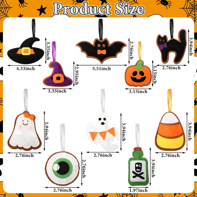 Alt view image 2 of 6 - 20 Pcs Halloween Felt Ornaments 3D 3.15" Tree Hanging Decorations | Ghost Bat Pumpkin Black Cat Witch Hat Felt Ornaments, Halloween Garland Banner Mantle Wall Party Decor