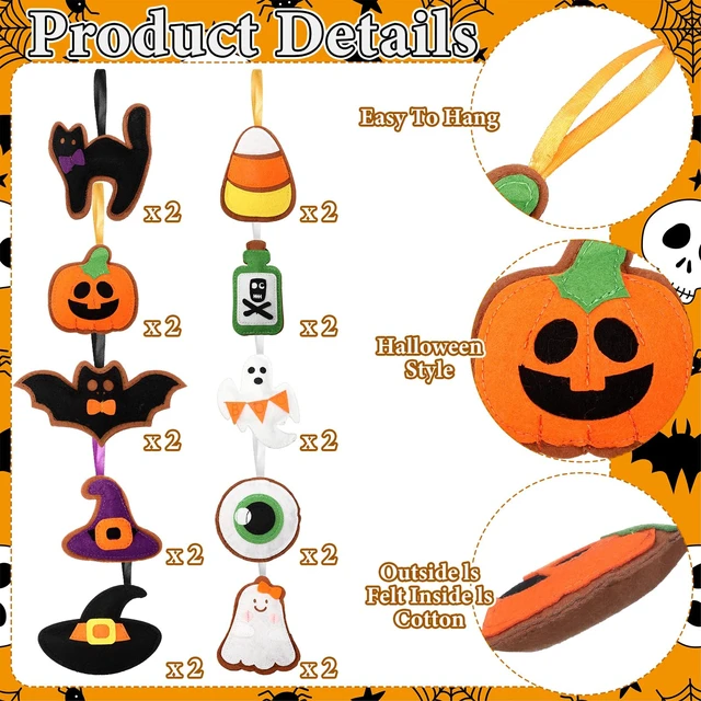 Alt view image 3 of 6 - 20 Pcs Halloween Felt Ornaments 3D 3.15" Tree Hanging Decorations | Ghost Bat Pumpkin Black Cat Witch Hat Felt Ornaments, Halloween Garland Banner Mantle Wall Party Decor