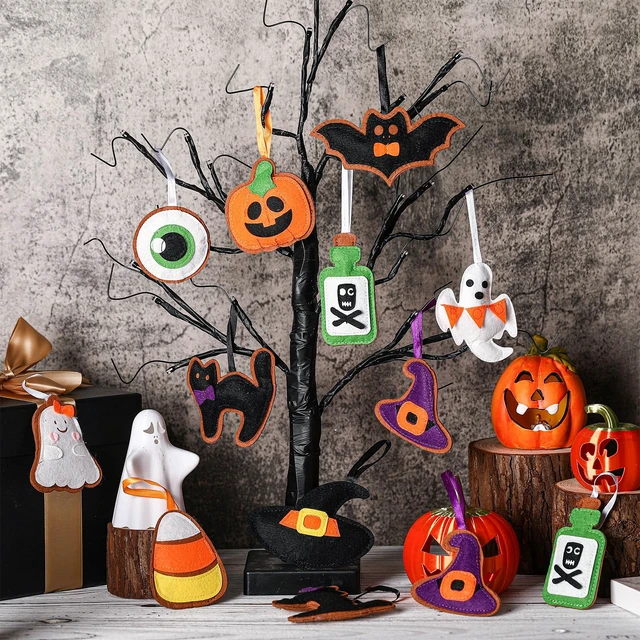 Alt view image 4 of 6 - 20 Pcs Halloween Felt Ornaments 3D 3.15" Tree Hanging Decorations | Ghost Bat Pumpkin Black Cat Witch Hat Felt Ornaments, Halloween Garland Banner Mantle Wall Party Decor