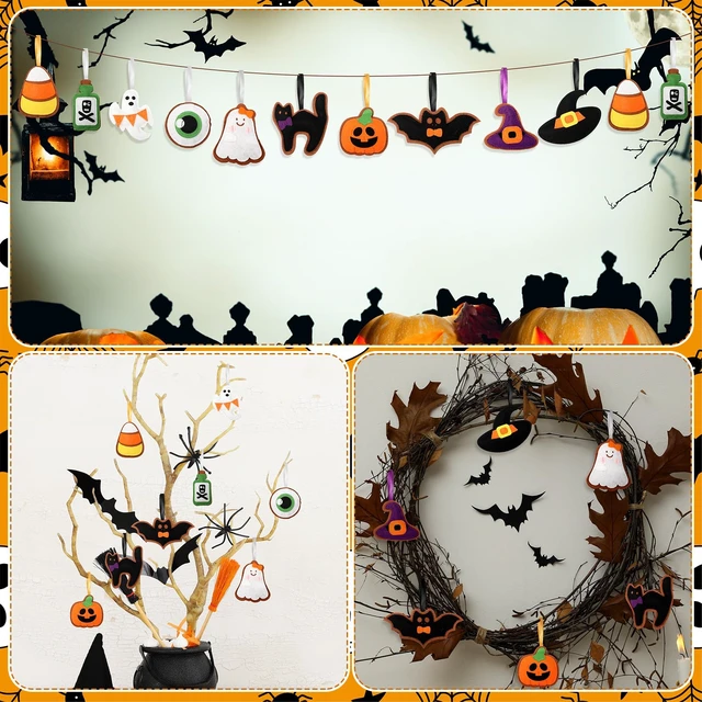 Alt view image 6 of 6 - 20 Pcs Halloween Felt Ornaments 3D 3.15" Tree Hanging Decorations | Ghost Bat Pumpkin Black Cat Witch Hat Felt Ornaments, Halloween Garland Banner Mantle Wall Party Decor