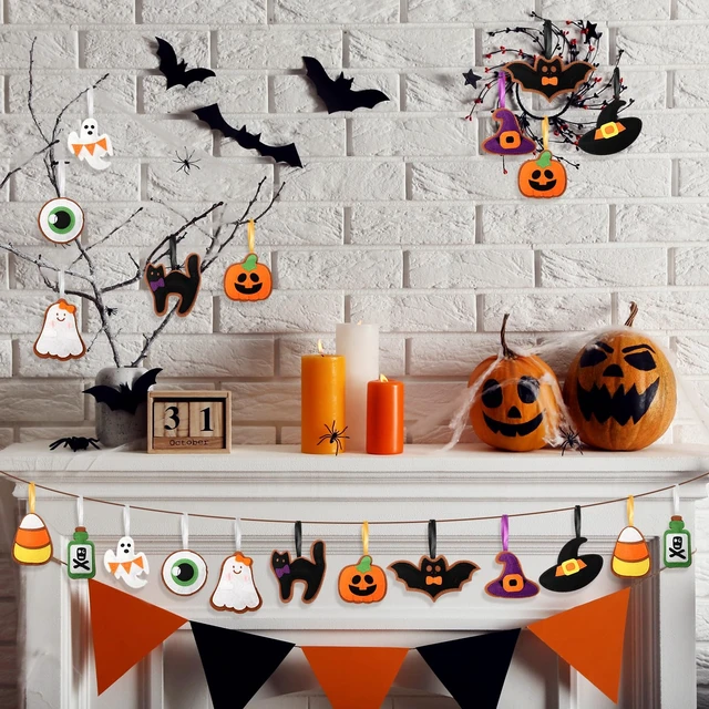 Alt view image 5 of 6 - 20 Pcs Halloween Felt Ornaments 3D 3.15" Tree Hanging Decorations | Ghost Bat Pumpkin Black Cat Witch Hat Felt Ornaments, Halloween Garland Banner Mantle Wall Party Decor