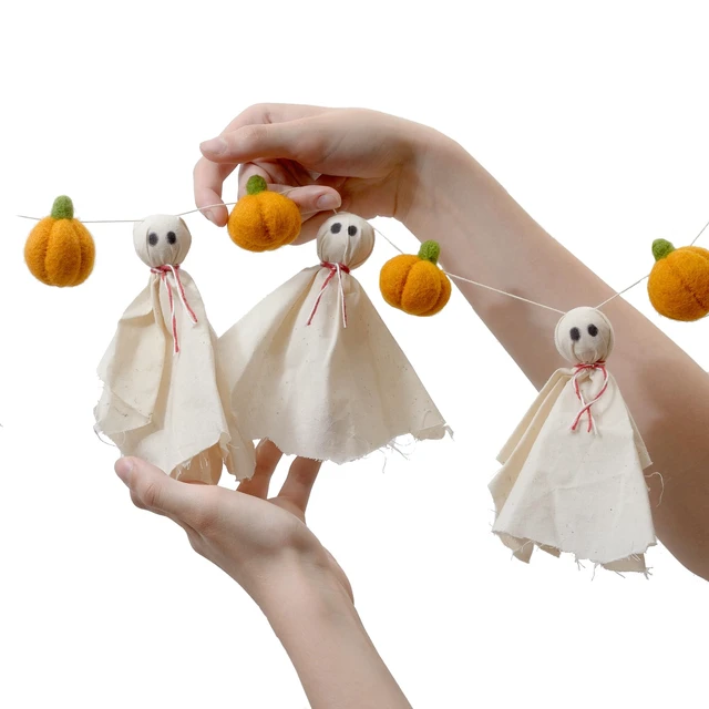 Alt view image 6 of 6 - Felt Ghosts + Pumpkin Garland - Easy to Hang Halloween Party Banner Decoration - Fall Décor, 100% New Zealand Wool, Hand-Felted in Nepal - 4' Long, 6 Ghosts, 7 Pumpkins Ornaments