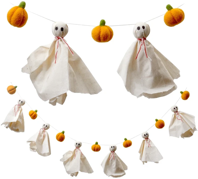 Main image of Felt Ghosts + Pumpkin Garland - Easy to Hang Halloween Party Banner Decoration - Fall Décor, 100% New Zealand Wool, Hand-Felted in Nepal - 4' Long, 6 Ghosts, 7 Pumpkins Ornaments
