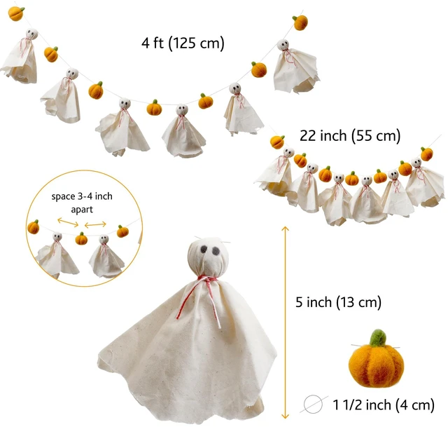 Alt view image 5 of 6 - Felt Ghosts + Pumpkin Garland - Easy to Hang Halloween Party Banner Decoration - Fall Décor, 100% New Zealand Wool, Hand-Felted in Nepal - 4' Long, 6 Ghosts, 7 Pumpkins Ornaments