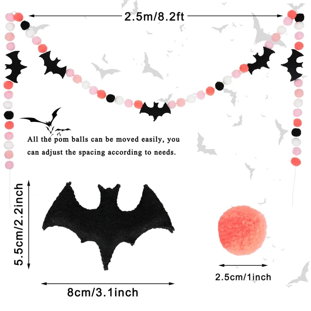 Alt view image 2 of 7 - 8.2 Ft Halloween Banner Felt Bats Balls Banner Black White Pink Decorative Pom Pom Banner Halloween Party Pom Garland for Halloween Haunted Houses Decoration Doorways Home Mantel Supplies