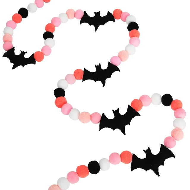 Alt view image 3 of 7 - 8.2 Ft Halloween Banner Felt Bats Balls Banner Black White Pink Decorative Pom Pom Banner Halloween Party Pom Garland for Halloween Haunted Houses Decoration Doorways Home Mantel Supplies