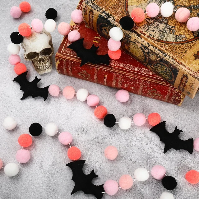 Alt view image 4 of 7 - 8.2 Ft Halloween Banner Felt Bats Balls Banner Black White Pink Decorative Pom Pom Banner Halloween Party Pom Garland for Halloween Haunted Houses Decoration Doorways Home Mantel Supplies