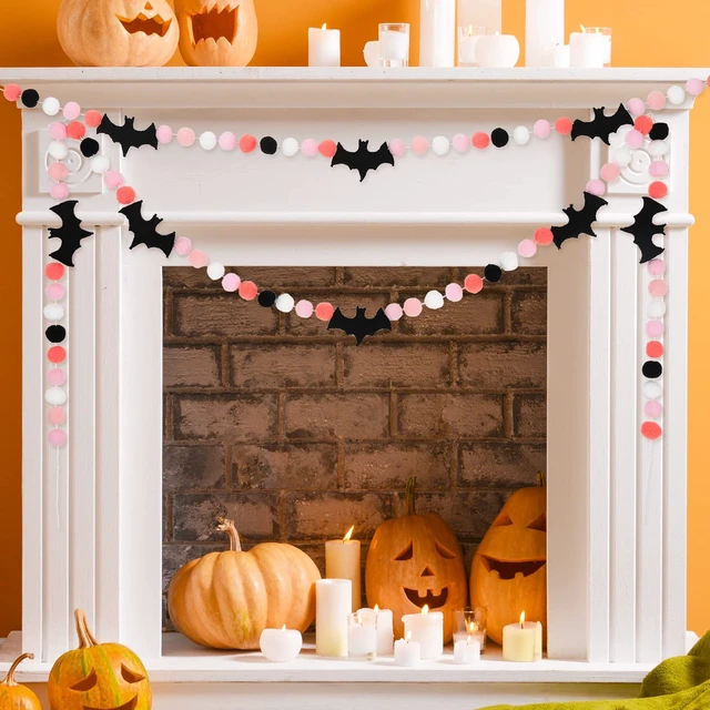 Alt view image 5 of 7 - 8.2 Ft Halloween Banner Felt Bats Balls Banner Black White Pink Decorative Pom Pom Banner Halloween Party Pom Garland for Halloween Haunted Houses Decoration Doorways Home Mantel Supplies