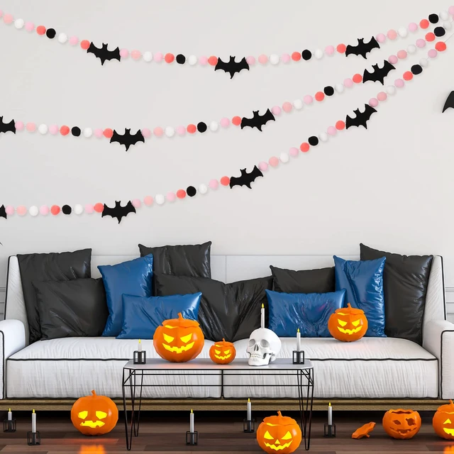 Alt view image 6 of 7 - 8.2 Ft Halloween Banner Felt Bats Balls Banner Black White Pink Decorative Pom Pom Banner Halloween Party Pom Garland for Halloween Haunted Houses Decoration Doorways Home Mantel Supplies