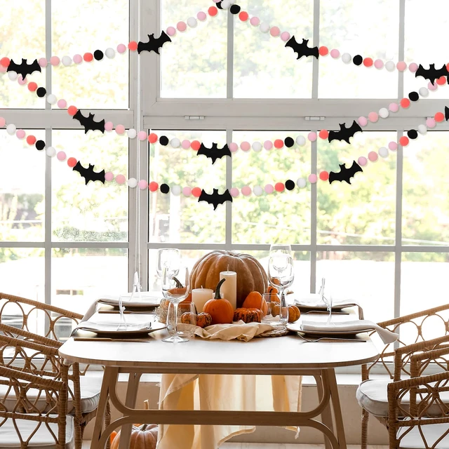 Alt view image 7 of 7 - 8.2 Ft Halloween Banner Felt Bats Balls Banner Black White Pink Decorative Pom Pom Banner Halloween Party Pom Garland for Halloween Haunted Houses Decoration Doorways Home Mantel Supplies