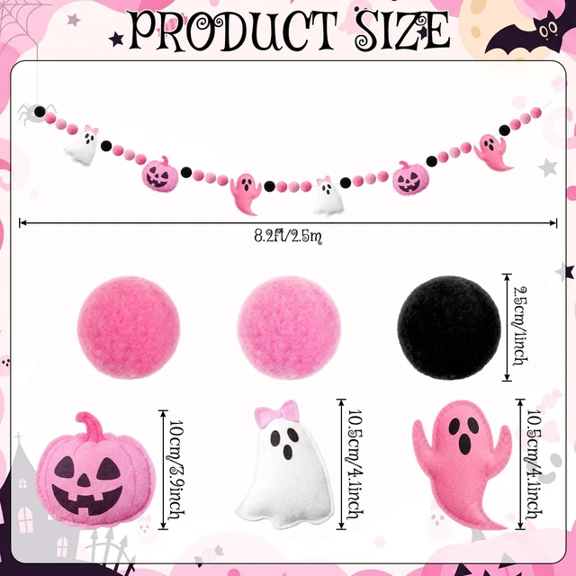 Alt view image 2 of 7 - Happy Halloween Felt Banner Halloween Party Decoration | Halloween Party Sign, White Ghost, Pink Ghost, Pumpkin, Pom Pom, Pre Strung, for Haunted Houses Home