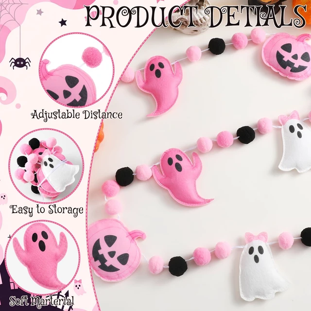 Alt view image 3 of 7 - Happy Halloween Felt Banner Halloween Party Decoration | Halloween Party Sign, White Ghost, Pink Ghost, Pumpkin, Pom Pom, Pre Strung, for Haunted Houses Home