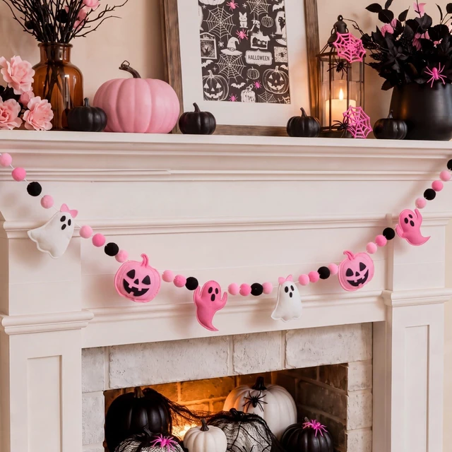 Main image of Happy Halloween Felt Banner Halloween Party Decoration | Halloween Party Sign, White Ghost, Pink Ghost, Pumpkin, Pom Pom, Pre Strung, for Haunted Houses Home