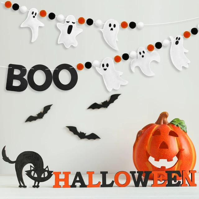 Alt view image 6 of 7 - 6.6Ft Ghost Garland Halloween Felt Boo Banner for Halloween Home Mantel Wall Window Decor Party Supplies
