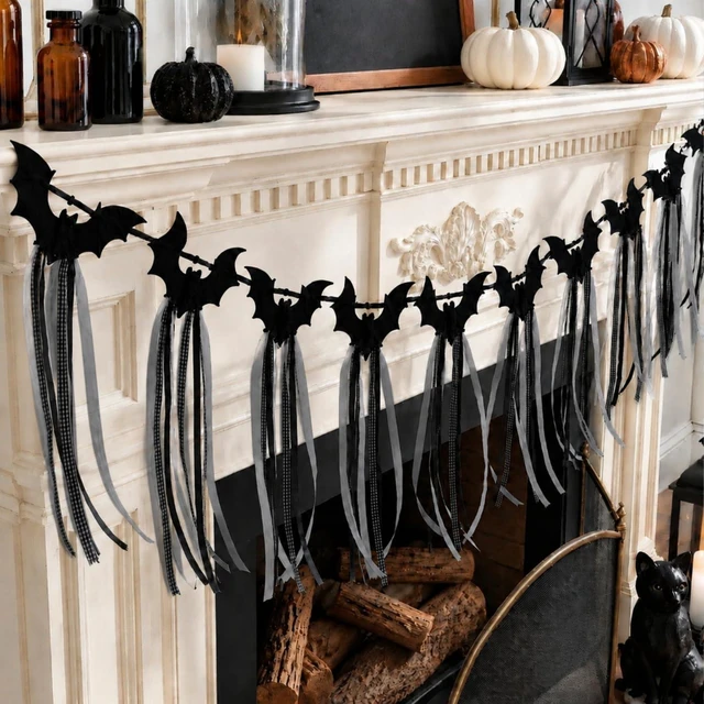 Main image of 2 Pcs Halloween Bat Garland Black Flying Bat Bow Banner with Ribbon | Felt Gothic Black Bat Bow Garland with Ribbon Tassels, Hanging Halloween Decoration, for Fireplace Mantel Wall Home Decor