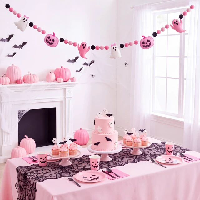 Alt view image 5 of 7 - Happy Halloween Felt Banner Halloween Party Decoration | Halloween Party Sign, White Ghost, Pink Ghost, Pumpkin, Pom Pom, Pre Strung, for Haunted Houses Home