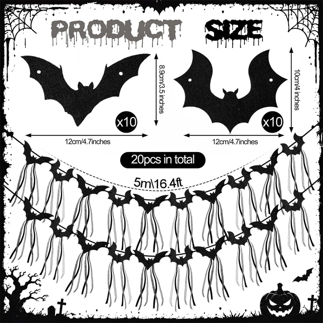 Alt view image 3 of 7 - 2 Pcs Halloween Bat Garland Black Flying Bat Bow Banner with Ribbon | Felt Gothic Black Bat Bow Garland with Ribbon Tassels, Hanging Halloween Decoration, for Fireplace Mantel Wall Home Decor