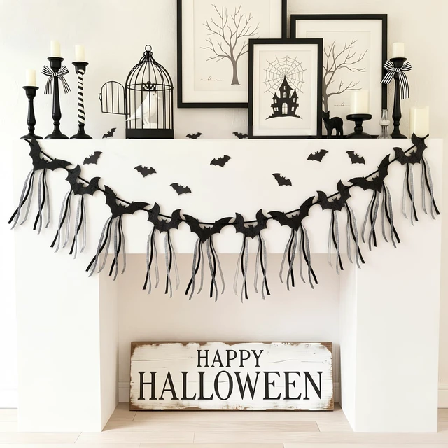 Alt view image 2 of 7 - 2 Pcs Halloween Bat Garland Black Flying Bat Bow Banner with Ribbon | Felt Gothic Black Bat Bow Garland with Ribbon Tassels, Hanging Halloween Decoration, for Fireplace Mantel Wall Home Decor
