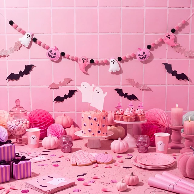 Alt view image 6 of 7 - Happy Halloween Felt Banner Halloween Party Decoration | Halloween Party Sign, White Ghost, Pink Ghost, Pumpkin, Pom Pom, Pre Strung, for Haunted Houses Home