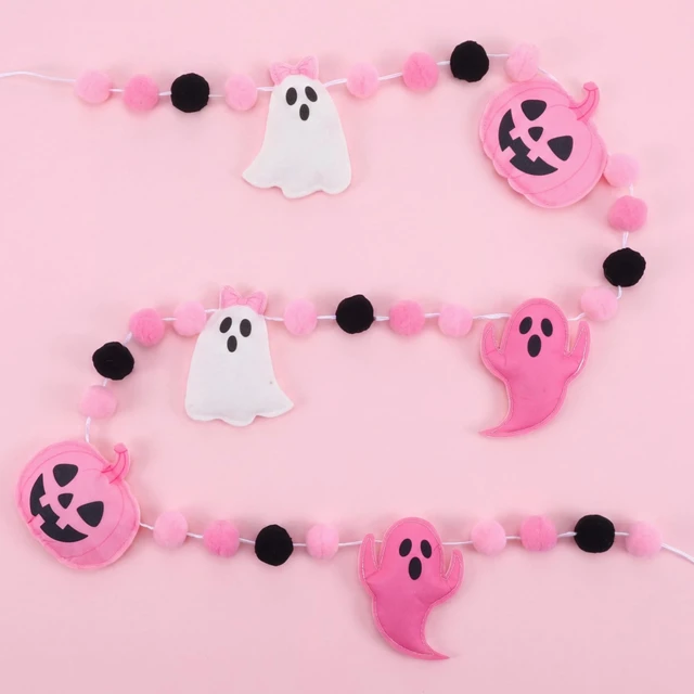 Alt view image 7 of 7 - Happy Halloween Felt Banner Halloween Party Decoration | Halloween Party Sign, White Ghost, Pink Ghost, Pumpkin, Pom Pom, Pre Strung, for Haunted Houses Home