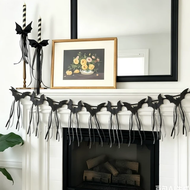 Alt view image 5 of 7 - 2 Pcs Halloween Bat Garland Black Flying Bat Bow Banner with Ribbon | Felt Gothic Black Bat Bow Garland with Ribbon Tassels, Hanging Halloween Decoration, for Fireplace Mantel Wall Home Decor