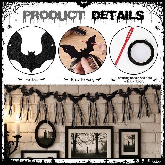 Alt view image 4 of 7 - 2 Pcs Halloween Bat Garland Black Flying Bat Bow Banner with Ribbon | Felt Gothic Black Bat Bow Garland with Ribbon Tassels, Hanging Halloween Decoration, for Fireplace Mantel Wall Home Decor