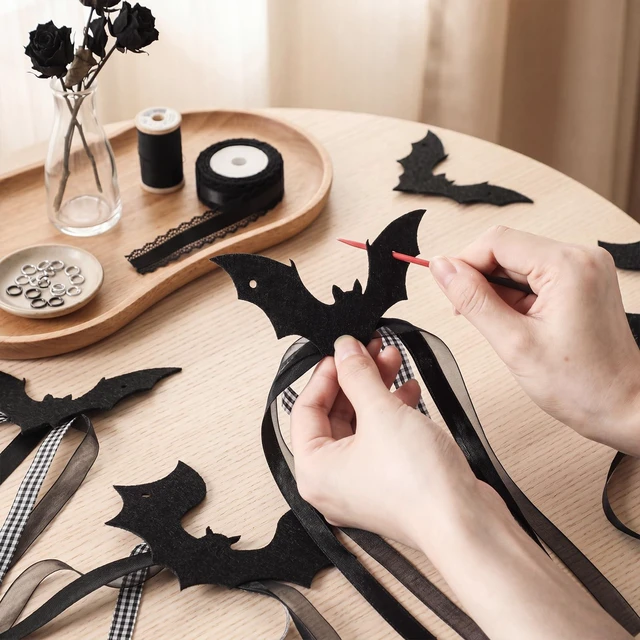 Alt view image 6 of 7 - 2 Pcs Halloween Bat Garland Black Flying Bat Bow Banner with Ribbon | Felt Gothic Black Bat Bow Garland with Ribbon Tassels, Hanging Halloween Decoration, for Fireplace Mantel Wall Home Decor
